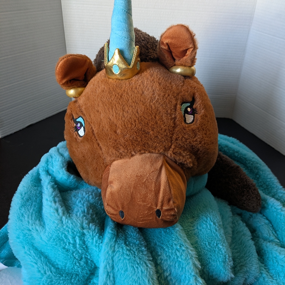 Afro Unicorn Brown and Blue Cozy Blanket with Unicorn Head